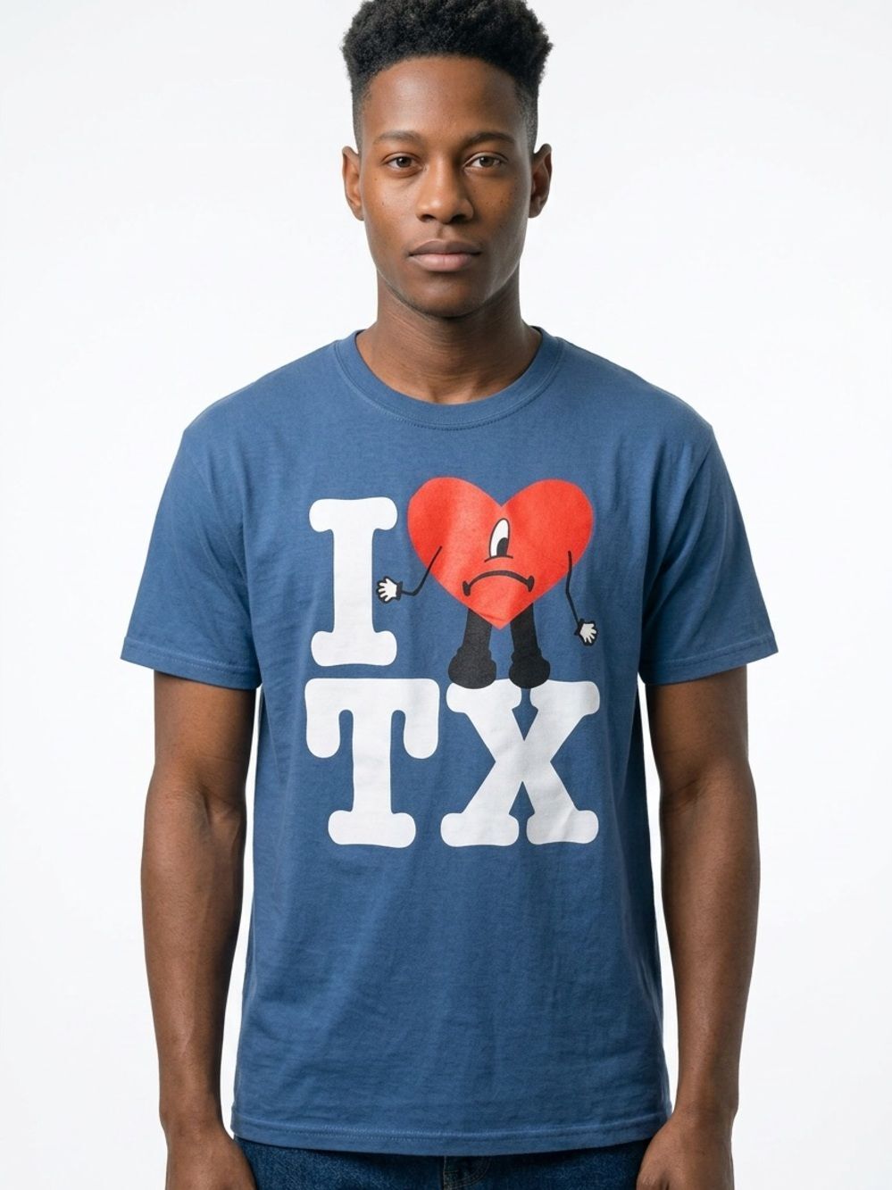BAD BUNNY | Texas I Heart TX Blue Graphic Tee Tour Concert Unisex Size Large